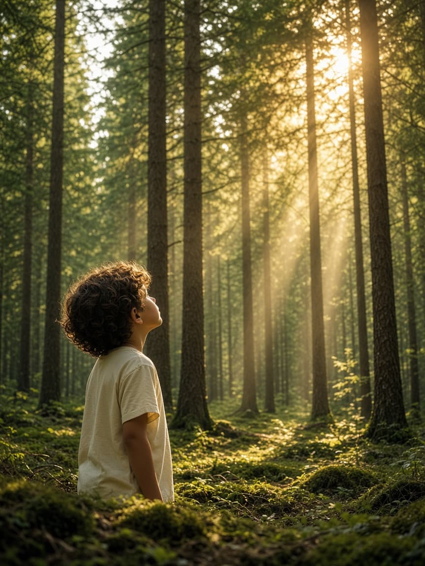 A child looking up through sunlit trees